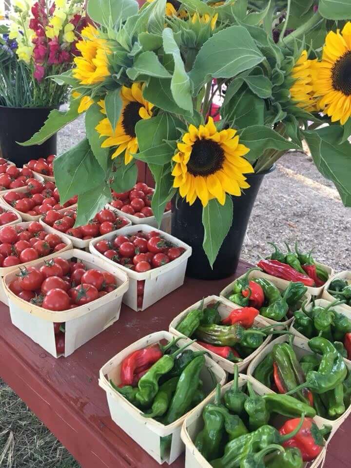 Farm-raised produce and cut flowers for sale sitting on a market stand at the Kootenai County Farmers Market.